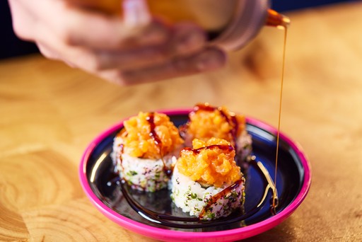 Smashed spicy salmon teriyaki roll