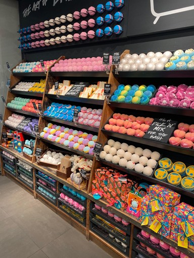 bath salts, bath bombs, colourful displays