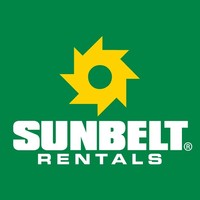 Sunbelt Rentals logo featuring a yellow cog icon above the company name in bold white text on a green background.