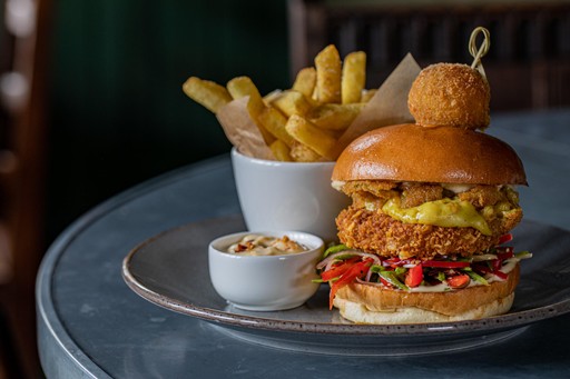 Katsu burger, Asian slaw, skin-on chips (vegan)