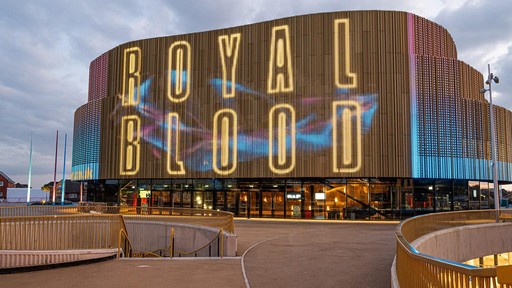 Swansea Arena digital façade with Royal Blood logo ahead of show night