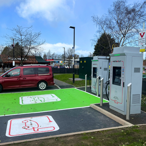 InstaVolt EV charging bays at McDonald’s in Donnington, Telford, with nearby amenities and roadside access visible