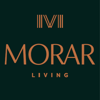Logo is a large gold M on the top with the word Morar underneath and the word Living under that. The logo is centre justified