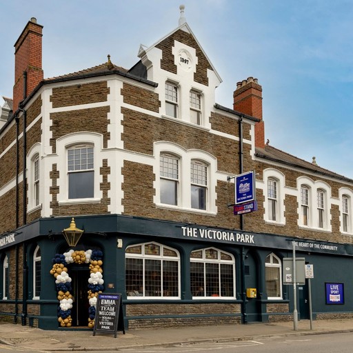 The exterior of The Victoria Park Hotel pub showcasing its traditional architecture, signage and main entrance on a local Cardiff street.