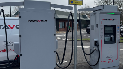 InstaVolt ultra rapid EV chargers positioned near McDonald’s at Weston Favell, Northampton, offering convenient access to nearby shops and amenities.