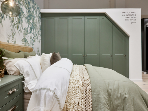 Sloped Ceiling Fitted Wardrobes and coordinating bedside table in Willow Green