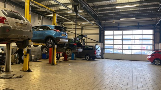 Cars inside the Vauxhall Service Centre Hull West workshop