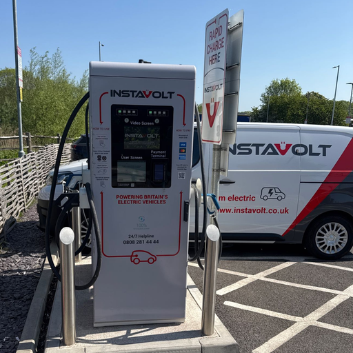 A front-facing shot of an InstaVolt ultra rapid EV charger located at McDonald’s Bridgwater Business Park. The unit is flanked by InstaVolt’s branded service van, with signage indicating contactless payment and connector options. Ideal for drivers needing a fast top-up near Dunball Roundabout.