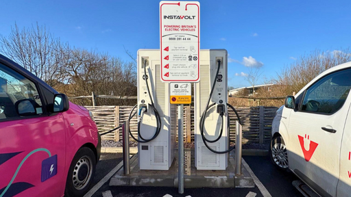 Dual InstaVolt EV charging units installed at McDonald’s in Bridgwater, Somerset. The photo shows two electric vehicles charging side by side, with bold signage and clear bay markings. This location provides easy access to rapid charging for drivers travelling along the A39 and Bristol Road.