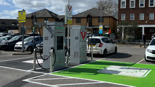 Wider view of InstaVolt ultra rapid charging station at Co-op Hedge End, highlighting multiple parking bays and convenient town centre location.