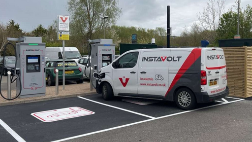 InstaVolt electric van charging at ultra rapid EV station in Co-op Northampton car park.