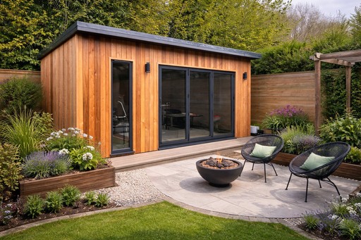 large garden room office in lovely garden
