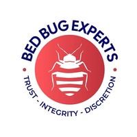 Bed Bug Experts logo, circular badge design featuring a bold red gradient centre with a white silhouette bed bug icon. "Bed Bug Experts" arches across the top in navy blue bold lettering, with the tagline "Trust · Integrity · Discretion" curving along the bottom. Clean, professional, and immediately recognisable for specialist pest control services across the East Midlands.