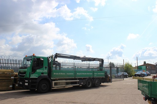 Howarth Timber & Building Supplies HGV Wagon at Doncaster with Hi-Ab crane lifting for local deliveries.
