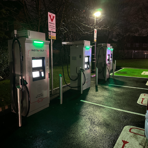 InstaVolt ultra-rapid EV chargers at night in Liverpool car park