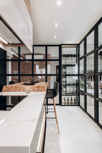 Bespoke kitchen design, steel glass partition, UK