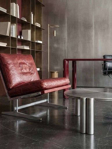 Bespoke office interior, leather chair, concrete