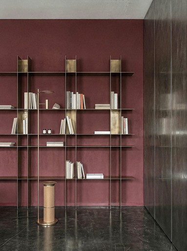 Office interior design, shelving, brass & burgundy