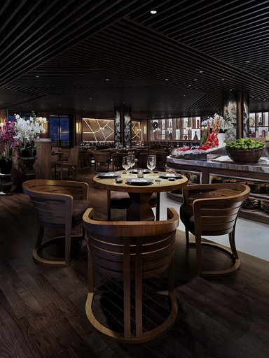 Restaurant interior, bespoke wood furniture, UK