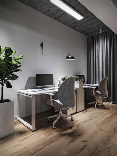 Office interior design, concrete ceiling, timber f