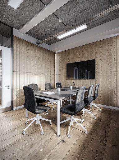 Meeting room design, oak wall panels, office UK