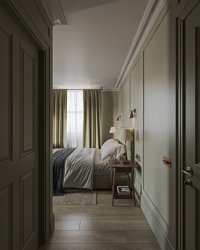 Hotel bedroom design, wall panelling, brass fittin