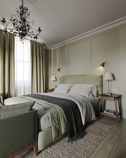 Hotel bedroom interior, plaster cornice, UK design