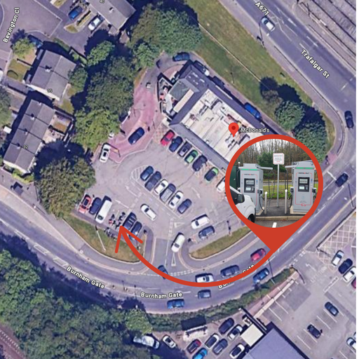 Satellite image of McDonalds Burnley with EV charging facilities, highlighting nearby businesses and accessible transport links in Burnley.