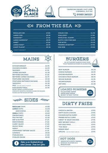 Food Menu - Fish and Chips Looe