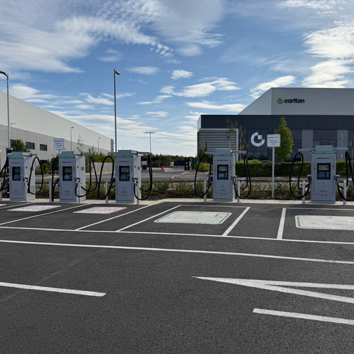 InstaVolt ultra-rapid chargers lined up at a Kempston site near the Carlton facility, offering easy access and clear EV bay markings for efficient charging.