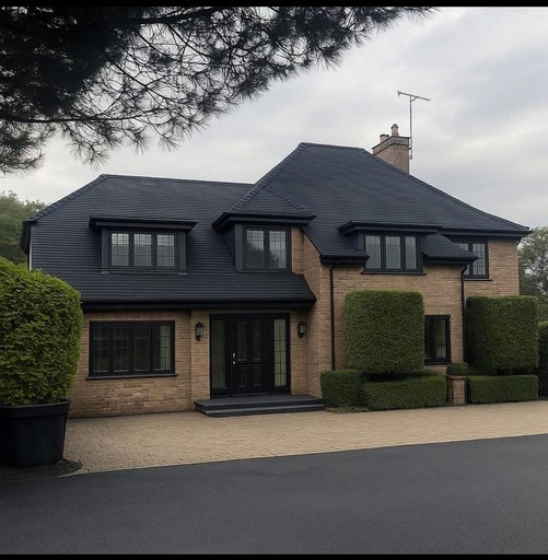 clean driveway and brickwork of large modern house