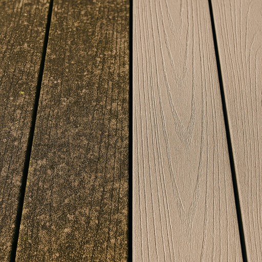 close up of wooden decking half cleaned and half d