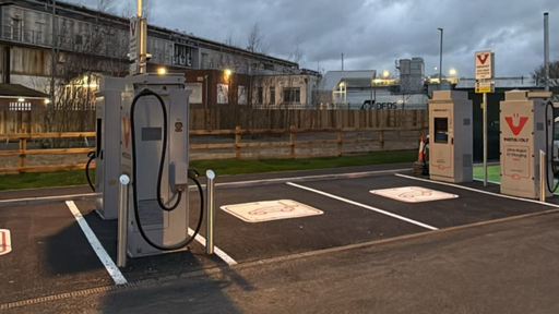 Ultra rapid EV charging bays at InstaVolt Fakenham location with easy access and open parking layout.