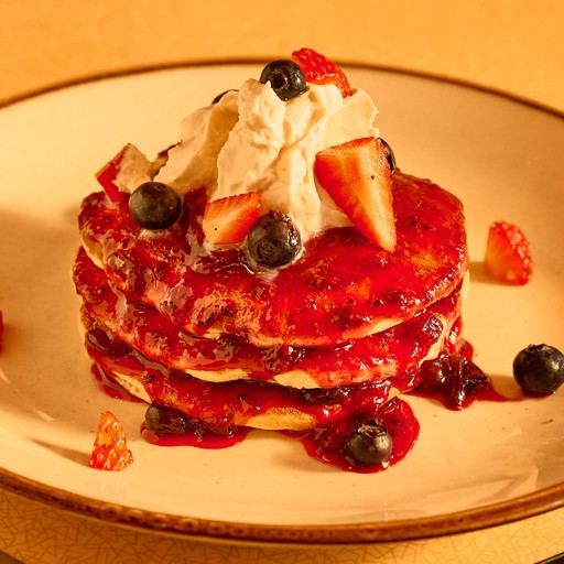 Brightside's triple-stacked Berries and Maple Mascarpone Pancakes
