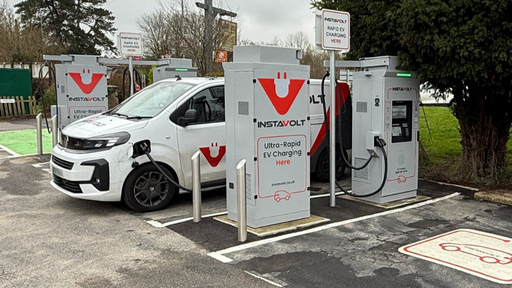 InstaVolt ultra-rapid chargers located at Heathfield Road in Halland, showing dedicated EV bays and an InstaVolt vehicle charging on site.