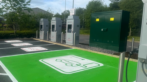 Clearly marked EV bays with ultra rapid InstaVolt chargers on Power Station Road, Rugeley.