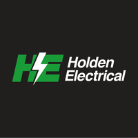 The Holden Electrical logo features bold green block letters "H" and "E" separated by a striking white lightning bolt on a dark background, representing power, reliability, and the electrical trade services Holden Electrical delivers across Bedford and Bedfordshire.