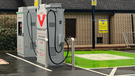 InstaVolt ultra rapid EV chargers located on Great North Road in Wideopen, featuring a clearly marked green charging bay and convenient access near local amenities.