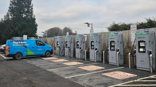 InstaVolt ultra rapid chargers in use at The Gissons Hotel, Kennford, with a British Gas electric van parked at one of the bays. Clear signage and marked spaces support easy EV charging near the A38.