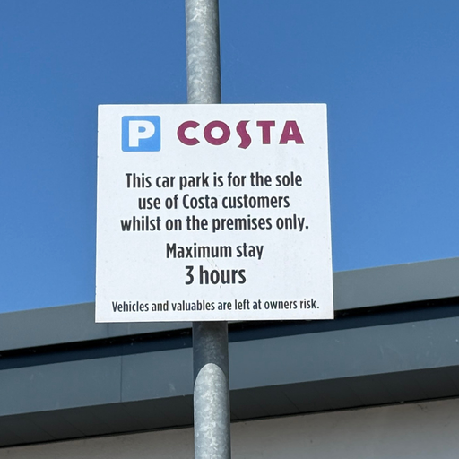A close-up of a parking regulation sign at the Costa Coffee in Ilminster, stating that the car park is for customer use only with a maximum stay of 3 hours. This sets expectations for EV drivers using the InstaVolt charger while visiting the premises.