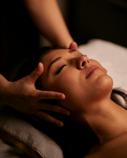 This image captures the tranquility of a head massage at the Sofitel Spa. A skilled therapist is gently massaging the client's scalp, using soothing strokes to relieve tension and promote relaxation. The client's eyes are closed, and their face is turned to the side, suggesting a deep state of relaxation. The soft lighting and serene ambiance of the spa create the perfect setting for this indulgent treatment.