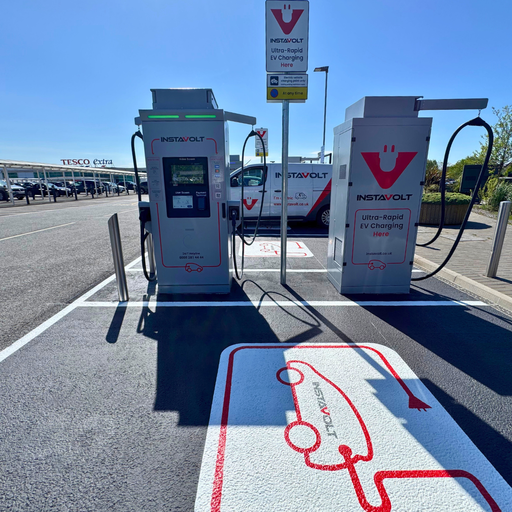 InstaVolt ultra rapid EV charging station at Parc Fforestfach in Swansea near Tesco Extra and retail park facilities.