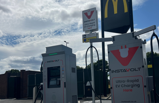 Close-up of InstaVolt ultra rapid EV chargers at McDonald's, Hartlepool, providing a convenient stop for EV drivers visiting the marina, local attractions or nearby food and drink facilities.