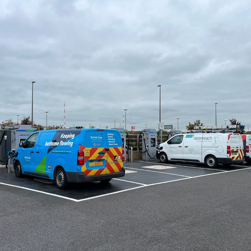Fleet vehicles from British Gas and Openreach using InstaVolt chargers, showcasing support for commercial EVs and efficient charging access.