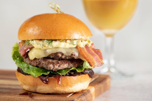 Cheese & bacon, two 3oz beef patties with smoked streaky bacon, smoked Cheddar and burger sauce.