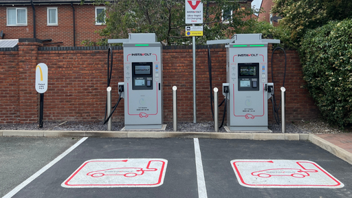 Front view of the InstaVolt ultra rapid EV charging station at McDonald's, offering convenient charging while visiting the restaurant with easy access from the car park.