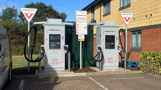 InstaVolt rapid electric vehicle chargers located at Bannatyne Health Club & Spa, Thornaby, featuring dual charging units with dedicated bays and visible signage for easy access.