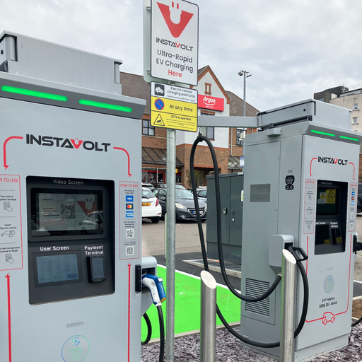 Two InstaVolt ultra-rapid chargers are located in a busy retail car park near Argos, providing convenient EV charging for shoppers in Northampton.