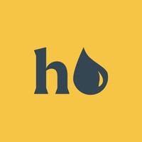 A square sunny yellow background colour features a dark navy-grey logo positioned at the centre of the canvas. The logo features a lowercase 'h' in a simplified font sitting to the left, with a curved droplet sat to the right. The droplet is an abstract depiction of a lowercase 'b'. The h and droplet logo has curved friendly features and represents 'hb', shorthand for the online bathroom retail company 'hellobathrooms'.