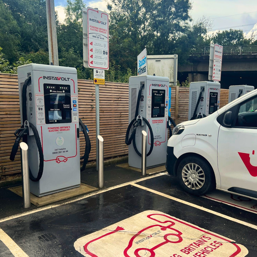 Multiple InstaVolt chargers in active use at Grantham Squash & Fitness Club. The area offers contactless payment, clear signage, and quick access to local roads for easy charging.